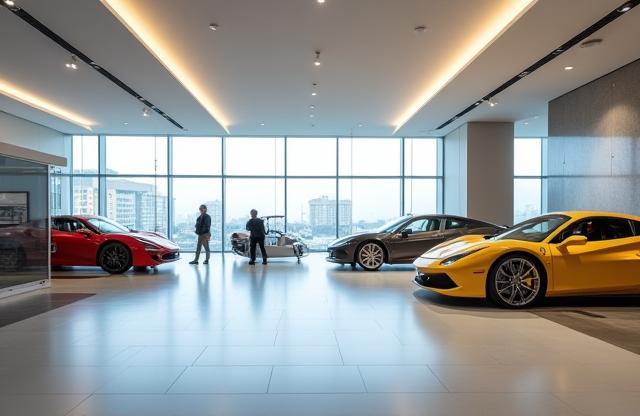 Interior view of Regal Velocity Rentals showroom with luxury cars