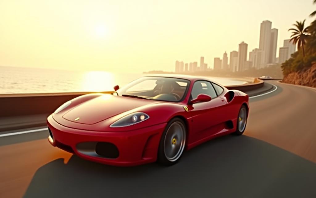 Luxury sports car driving on a scenic road with city backdrop