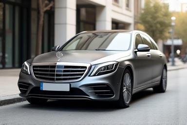Luxury sedan parked in front of a building